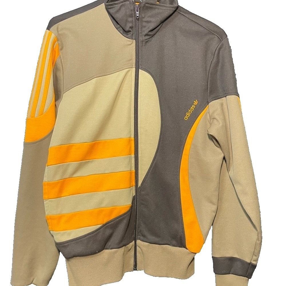 Adidas Track Jacket Brown Tan Orange Three Stripe Full Zip Athletic Size S